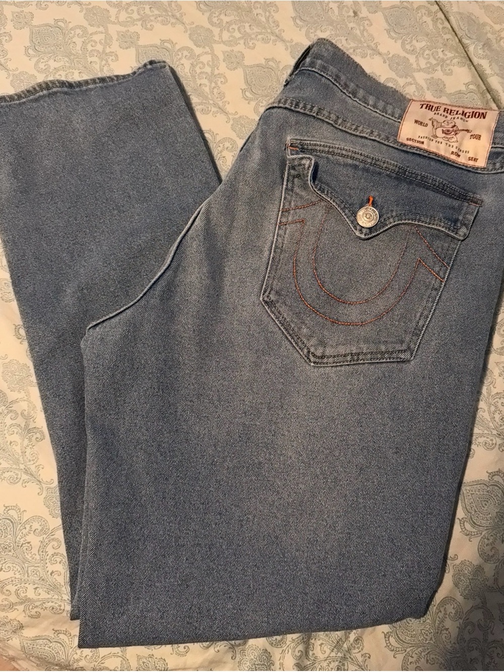 True Religion Straight Leg Light Blue Denim Jeans with Signature Pocket